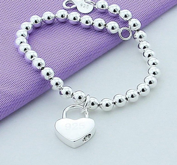 Lover Bead Bracelet 925 Sterling Silver Women Heart Lock Jewelry