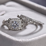 Vintage Large Gemstone Ring Set Silver Women's Engagement Bridal Jewelry
