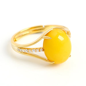 Natural Yellow Amber Ring Adjustable 14K Yellow Gold Women's Engagement Jewelry