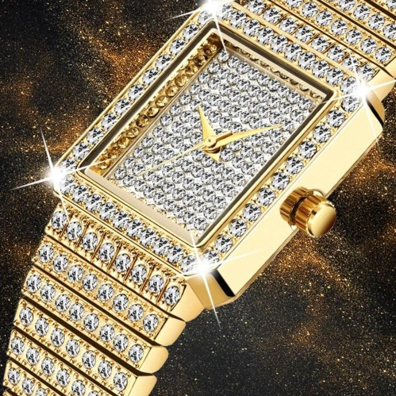 Luxury Diamond Square Watch Women 14K Yellow Gold Analog Quartz