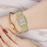 Luxury Diamond Square Watch Women 14K Yellow Gold Analog Quartz