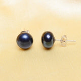 Genuine Black Freshwater Pearl Stud Earrings 925 Sterling Silver Women's Fine Jewelry