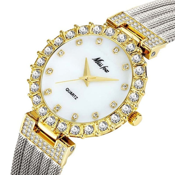 Luxury Diamond Watch 18K Yellow Gold Bracelet Wrist Watches For Women Quartz Clock HoursLuxury Quartz Wristwatch Bracelet Diamond 18K Yellow Gold For Women