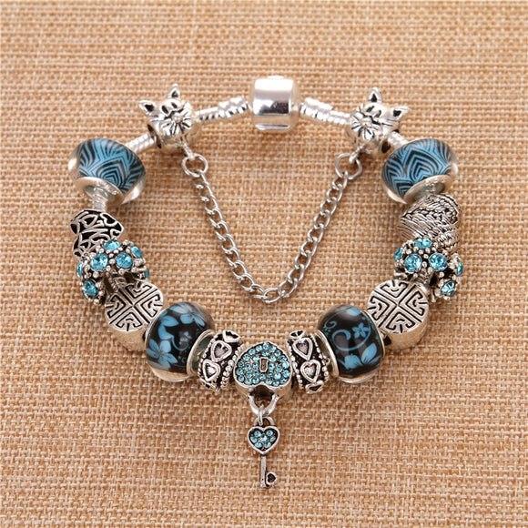 Heart Blue Gem Bangle Bracelet Pendant Charms Elegant Women's Gift 