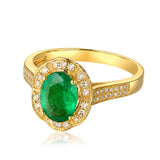 Natural Green Gemstone Emerald Ring 14K Yellow Gold Women's Party Fine Jewelry