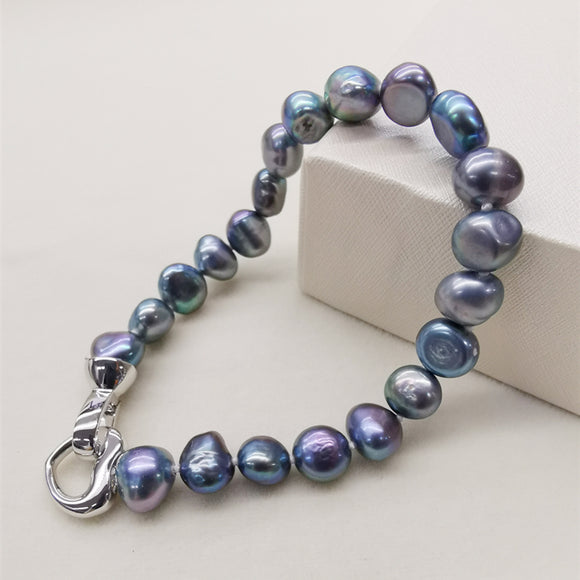 Genuine Women's Freshwater Pearl Bracelet Dark Pearl Link Chain Fine Pearl Jewelry