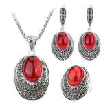 Ancient Retro Silver Oval Red Jewelry Set Women Necklace Ring Earrings