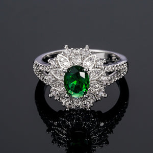 Natural Emerald Gemstone Ring 925 Silver Women's Wedding Jewelry