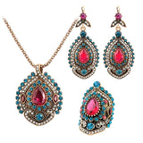 3Pcs Vintage Gold Pink Jewelry Set Women Earrings Necklace Ring