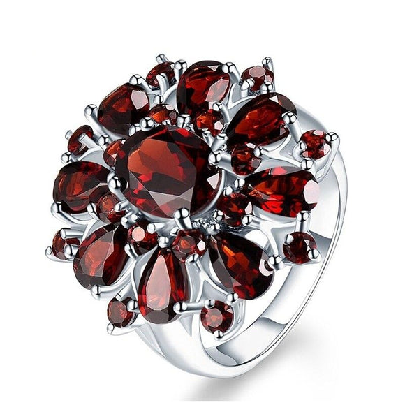 Dark Red Ruby Flower Gemstone Ring 925 Silver Wedding Jewelry For Women