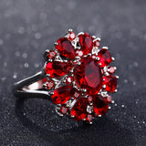 Dark Red Ruby Flower Gemstone Ring 925 Silver Wedding Jewelry For Women