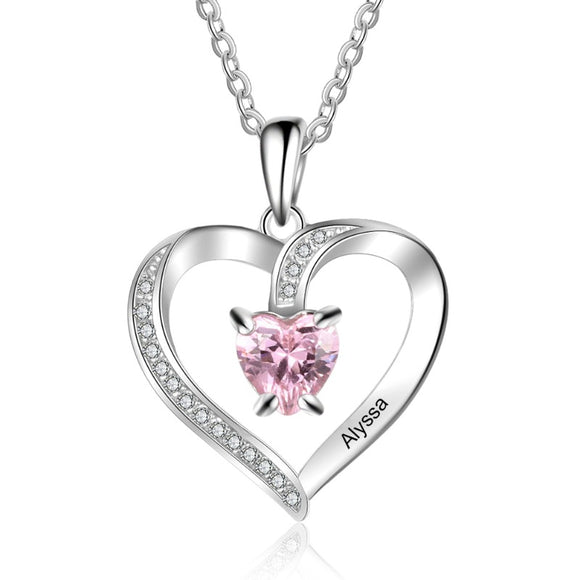 Pink Zircon Heart Name Pendant Necklace For Women Sliver Jewelry