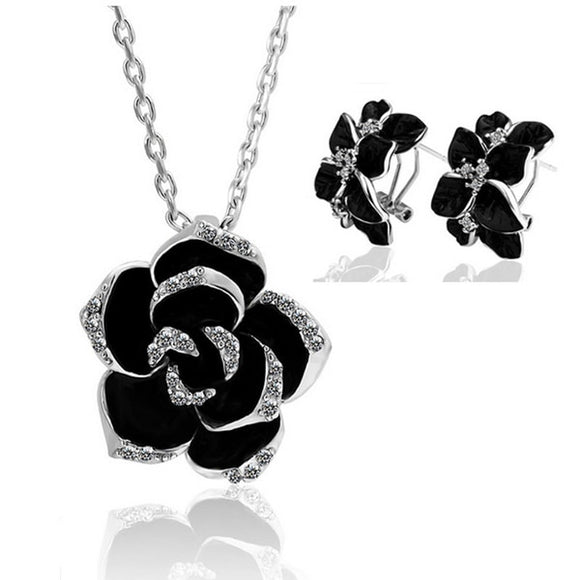 Enamel Flower Jewelry Set Rose Gold Black for Women Wedding Jewelry