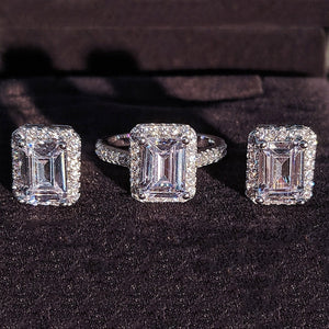 Princess Cut Zircon Jewelry set Ring stud Earring Silver Engagement