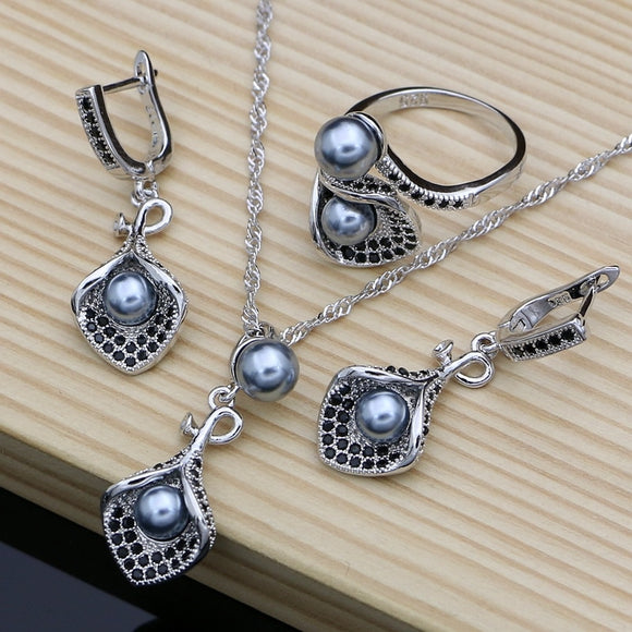 Black Pearl Flower Jewelry Sets Silver 925 For Women Wedding