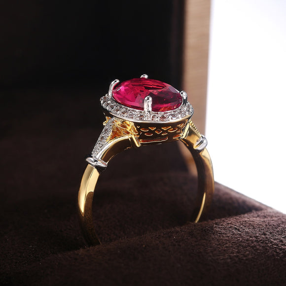 Oval Red Gemstone Two Tone Ring Women Wedding Jewelry