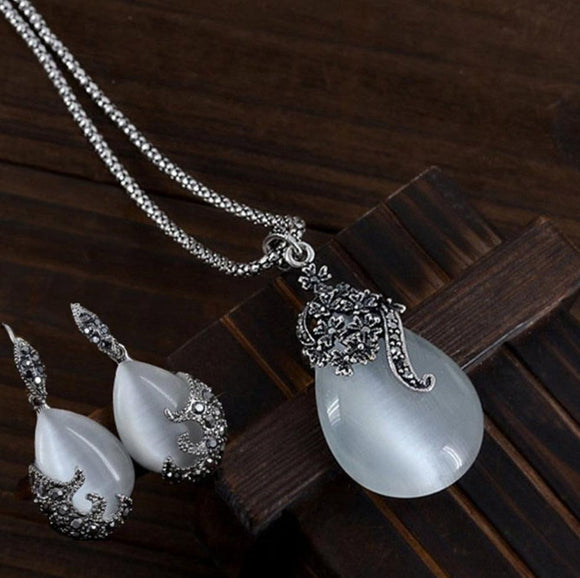 Vintage Opal Pendant Necklaces Drop Earrings Women Jewelry Sets