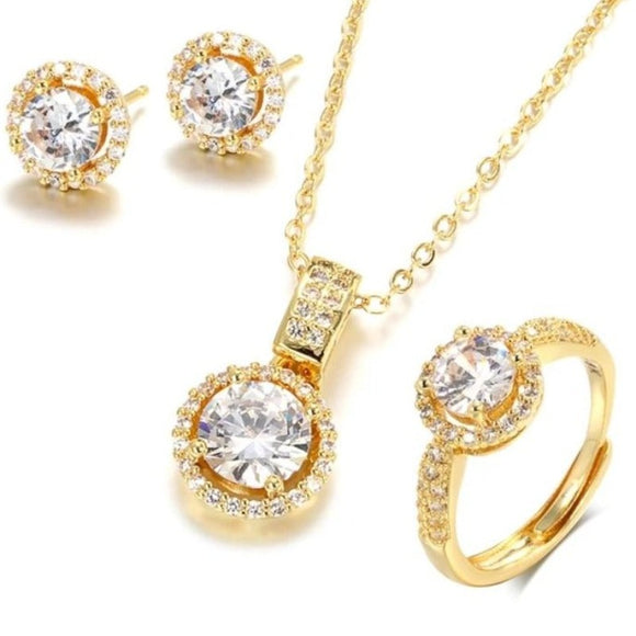 WHITE SAPPHIRE JEWELRY SETS ENGAGEMENT 18K GOLD RING NECKLACE EARRINGS BRIDAL