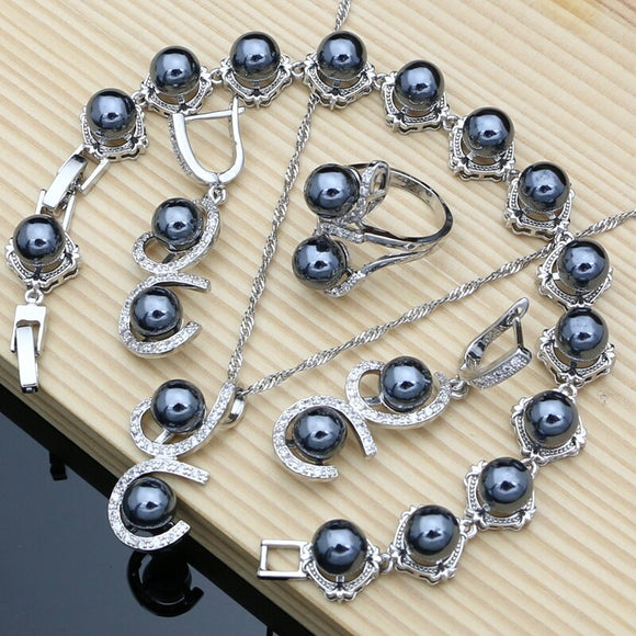 Black Pearl Silver Jewelry Set for Women Wedding Bridal Jewelry