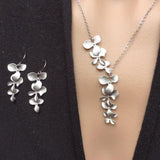 Gray Leaf Flower Jewelry Set Silver Choker Necklace Dangle Earrings