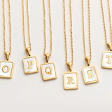 SQUARE NATURAL SHELL INITIAL LETTERS PENDANT CHAIN NECKLACE 18K GOLDEN JEWELRY