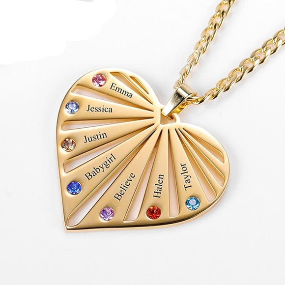 18K Gold Heart Name Necklace Custom Engrave Birthstones For Mother