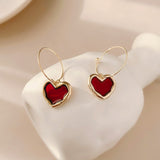 Vintage Red Heart Hook Earrings for Women Gold Hanging Dangle Jewelry