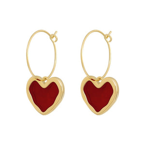 Vintage Red Heart Hook Earrings for Women Gold Hanging Dangle Jewelry