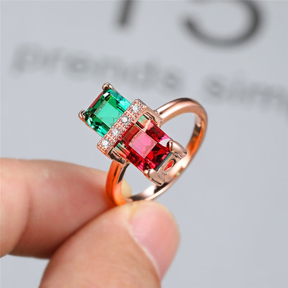 Luxury Rainbow Gemstone Ring Rose Gold Wedding For Women Square Zircon