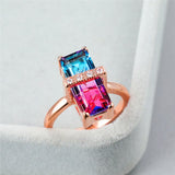 Luxury Rainbow Gemstone Ring Rose Gold Wedding For Women Square Zircon