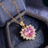 Pink Heart Zircon Pendant Necklace Women Engagement Bridal Jewelry
