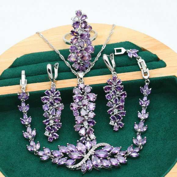 Flower Topaz Jewelry Set For Women 925 Silver Bracelet Earrings Necklace Ring