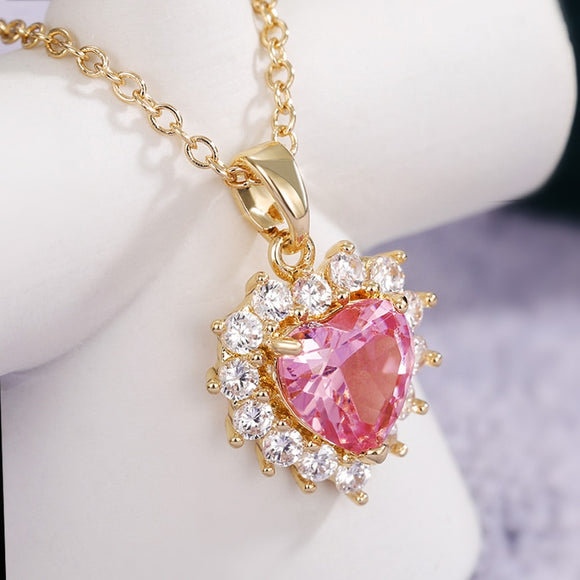 Pink Heart Zircon Pendant Necklace Women Engagement Bridal Jewelry