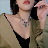 Green Rhinestone Pendant Necklace Silver Chain Pearl Water for Women
