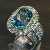 Blue Aquamarine Two Tone Bridal Ring Women Wedding Jewelry