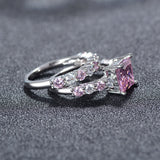 Square Pink Zircon Ring Set For Women 925 Silver Princess Wedding Jewelry