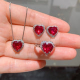 Heart Ruby Gemstone Jewelry Set Women Pendant Necklace Earrings Ring