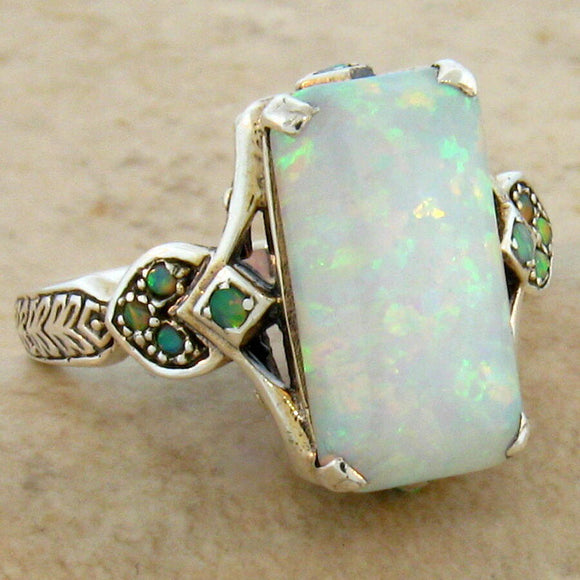 Antique Silver Square Opal Gemstone Ring Green Anniverssary Jewelry
