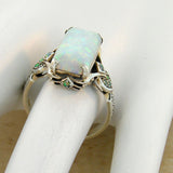 Antique Silver Square Opal Gemstone Ring Green Anniverssary Jewelry