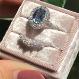 Natural Blue Engagement Ring Set Oval Zircon Cut Women Jewelry