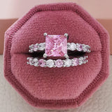 Square Pink Zircon Ring Set For Women 925 Silver Princess Wedding Jewelry