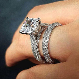 2Pc Zircon Wedding Ring Set Silver for Women Band Jewelry