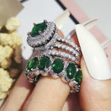 Emerald Cushion Engagement Ring Set Silver for Women Jewelry