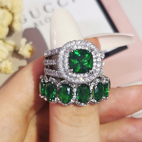 Emerald Cushion Engagement Ring Set Silver for Women Jewelry