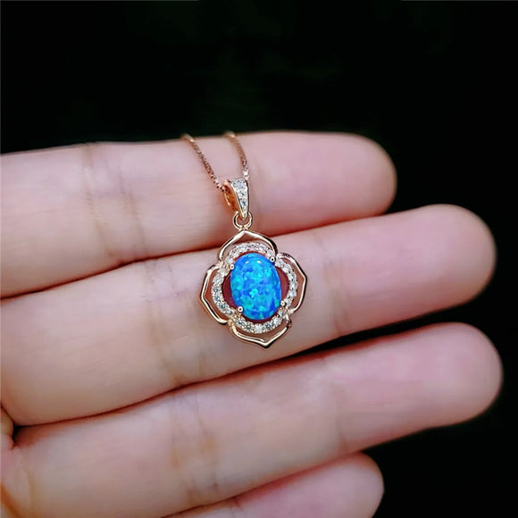Opal Flower Pendant Necklace For Women Rose Gold Wedding Jewelry