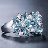 Exquisite Blue Aquamarine Flower Ring for Women Wedding Anniverssary Jewelry