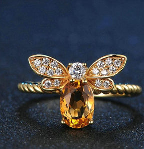 Natural Oval Citrine Bee Wedding Ring Women Jewelry