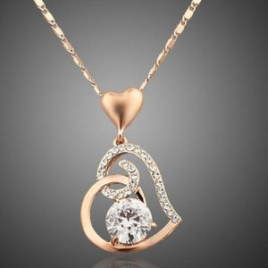 14k-gold-Link-Chain-Heart-Austrian-Love-Pendant-Necklace-Crystal-Heart-JewelryClassic Heart Zircon Pendant Necklace 14k Rose Gold Women Jewelry
