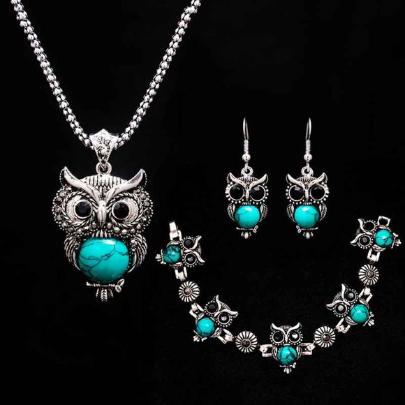 Antique Silver Owl Jewelry set Necklace for Women Anniverssary Jewelry