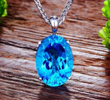 Blue Aquamarine Pendant Necklace 925 Silver Link Chain For Women